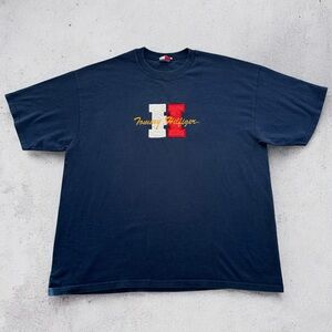 Vtg Tommy Hilfiger XXL Navy Blue Big H Embroidered Logo T-Shirt Rare Y2K